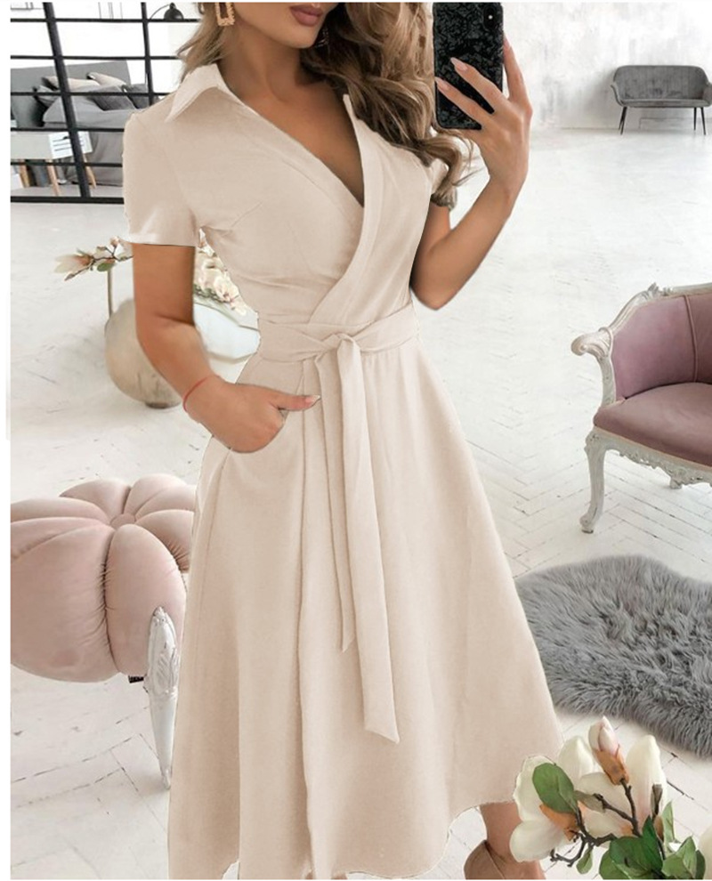 Wrap Dress Work - 여성용 반팔 랩 드레스 V넥 미디
