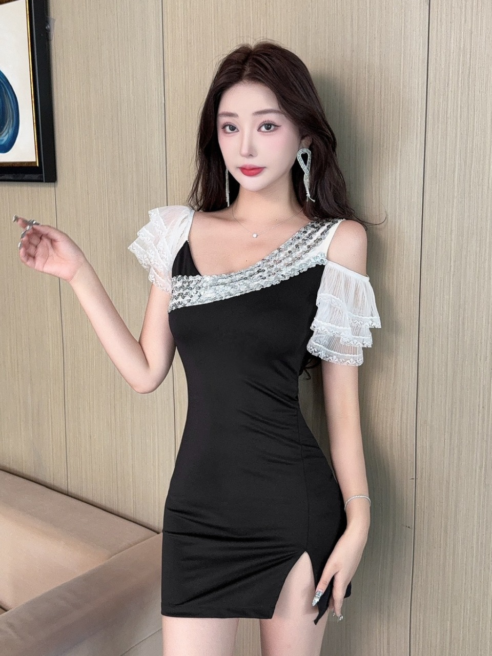 Wrap Dress Work - 섹시한 레이스 스플라이스 숏 랩 어라운드