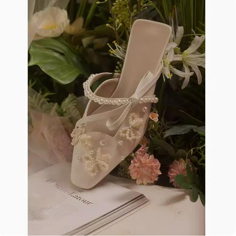 Kitten Heel Women - 진주 비즈 장식 보우 사이드 스트랩