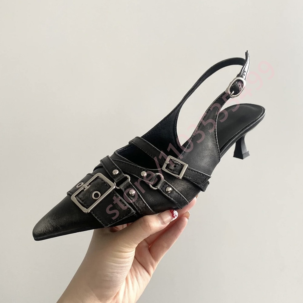 여성용 빈티지 블랙 그레이 디스트레스드 슬링백 힐 20 - Kitten Heel Women 리뷰 및 가격