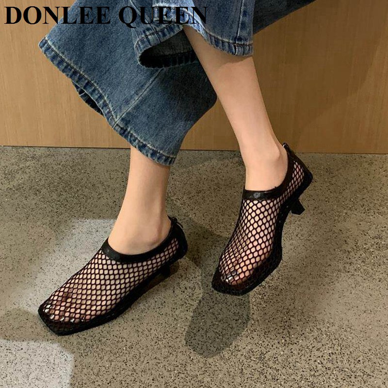 빈티지 메쉬 스퀘어 토 뮬 샌들, 낮은 키튼 힐, 속이 - Kitten Heel Women 리뷰 및 가격