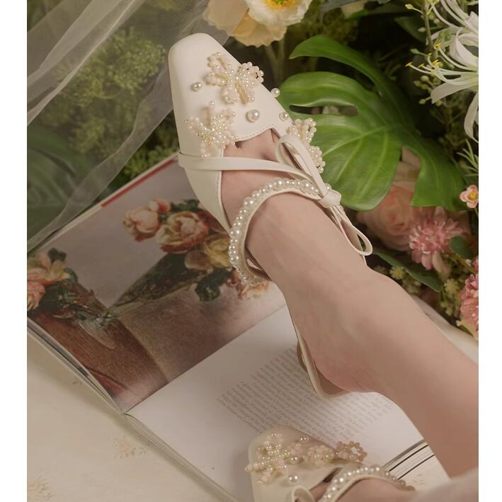 진주 비즈 장식 보우 사이드 스트랩 슬리퍼 샌들 클로즈 - Kitten Heel Women 리뷰 및 가격